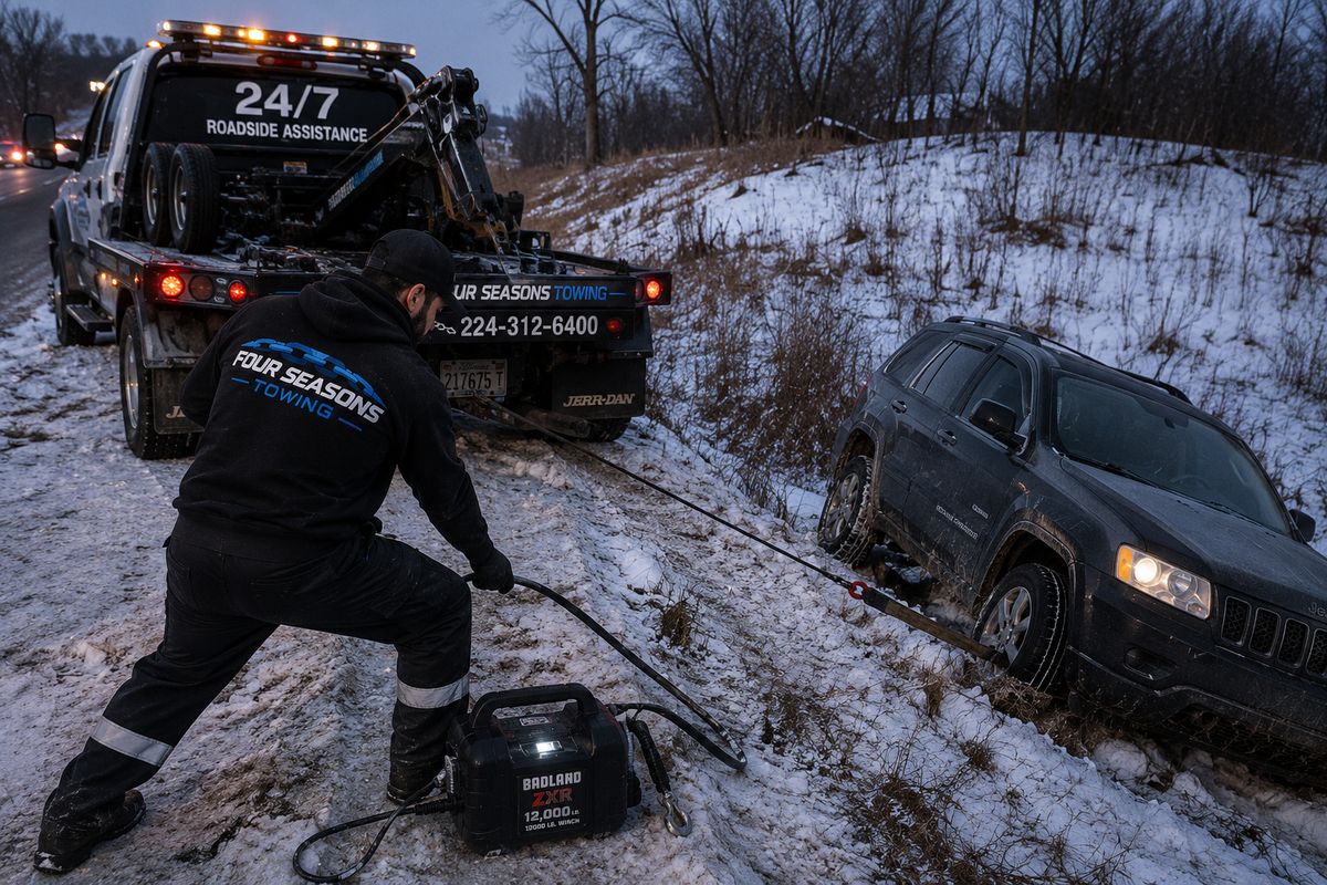 Winching a Jeep out of a snowy ditch