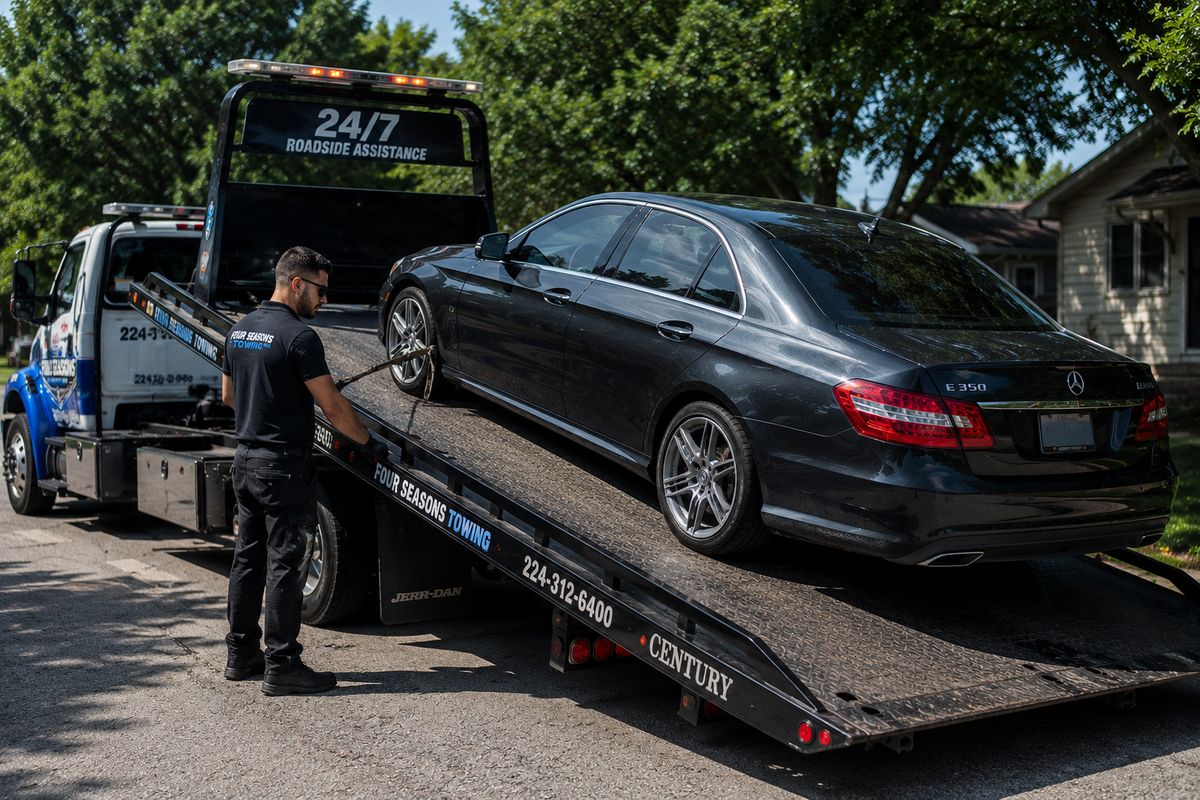 Driver loading a Mercedes sedan onto the Four Seasons flatbed