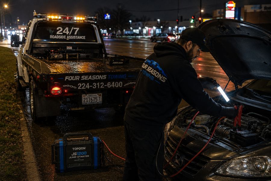 Four Seasons driver jump-starting a car battery at night