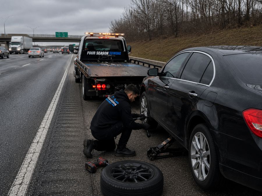 Four Seasons driver changing a flat tire on the highway shoulder